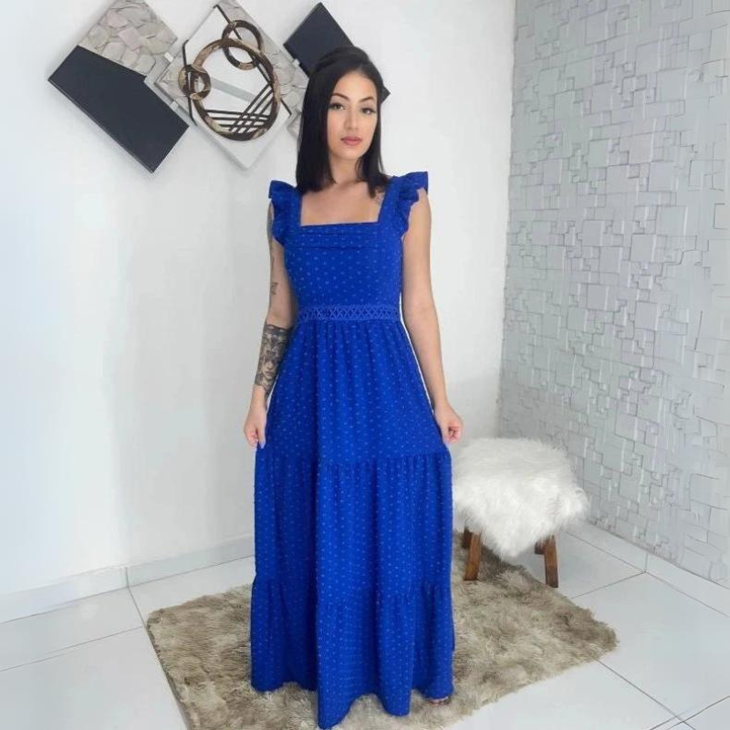 Vestido Longo Com Renda e Babada na Manga Para Todas Ocasiões