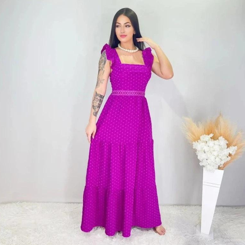 Vestido Longo Com Renda e Babada na Manga Para Todas Ocasiões