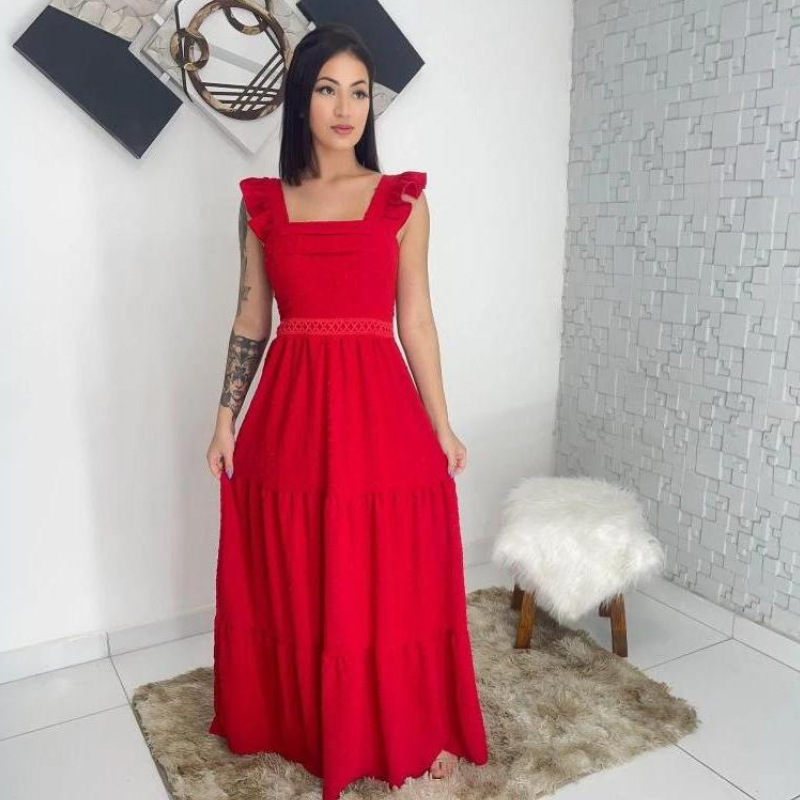 Vestido Longo Com Renda e Babada na Manga Para Todas Ocasiões