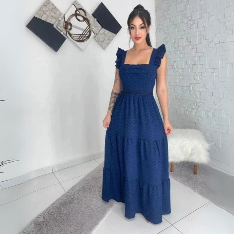 Vestido Longo Com Renda e Babada na Manga Para Todas Ocasiões